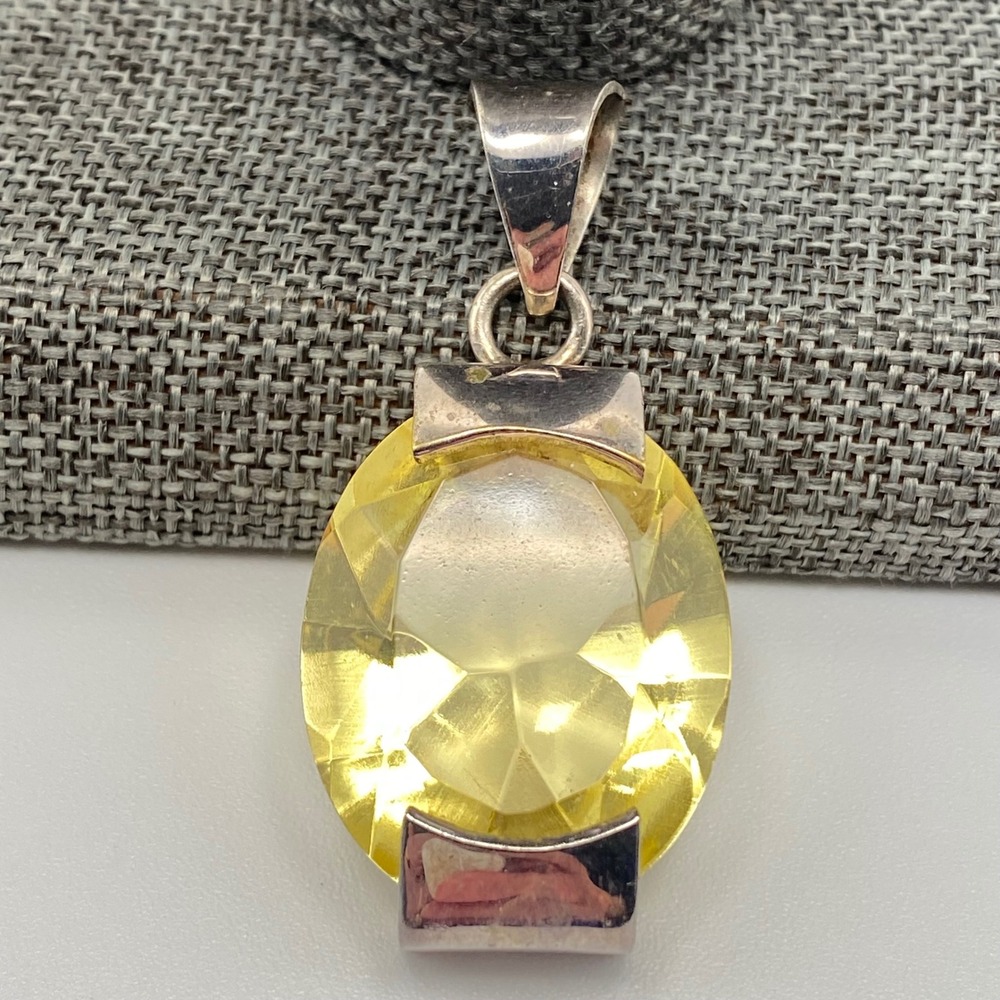 Vintage Mexico Pendant Sterling Silver Modernist Oval Yellow Citrine Large 1.5"